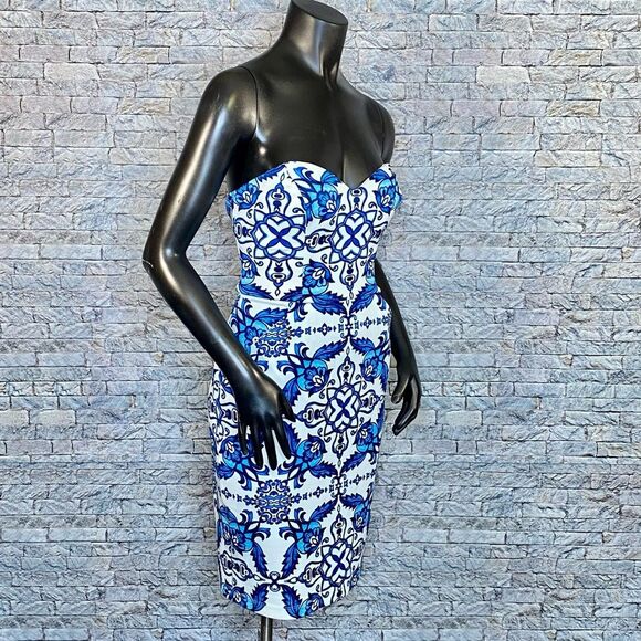 B Darlin Strapless Mini Dress Abstract Print Tropical Pockets Juniors Size 13-14 - Picture 3 of 7